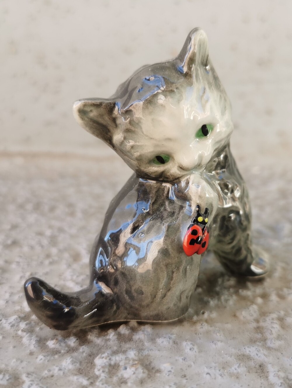 Vintage Goebel W. Germany Porcelain Kitten Figurine with Ladybug Cat Decor